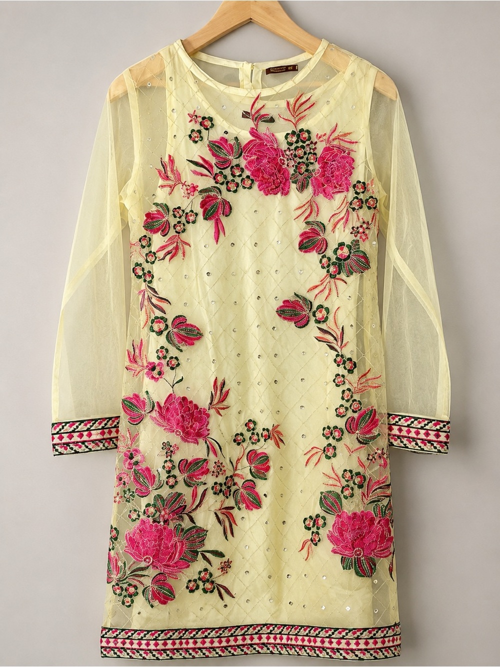 Pakistani Floral Embroidered Sheer-Sleeve Dress in Light Yellow and Pink